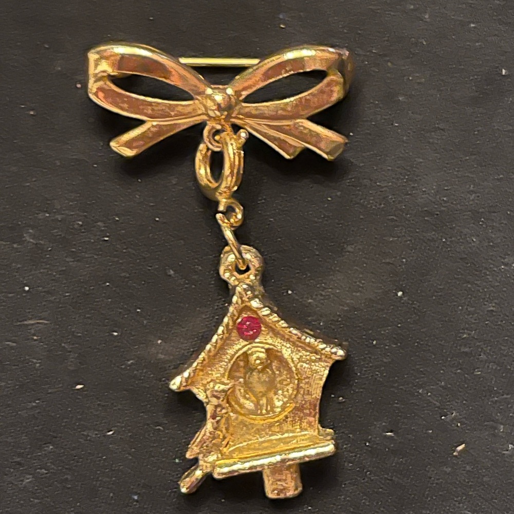Vintage Gold Tone Bow and Birdhouse Brooch with Red Rhinestone Pendant